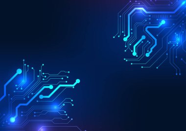 Devre teknolojisi arka planı, koyu mavi tona odaklanarak devre kartının bağlantı bilgilerini eşsiz ve çekici bir yüzle temsil ediyor. Bu bir vektör çizimi..