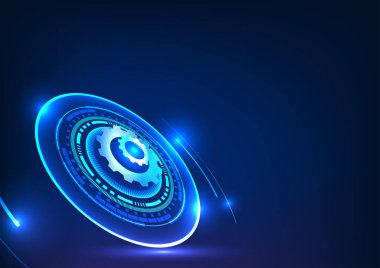 Teknoloji çemberinin içindeki şanzıman teknolojisi ve ışık teknolojisi insanlar için itici güç. İş geliştirme gelişimi büyüyen bir küresel ekonomi olarak mavi vektör illüstrasyonudur.