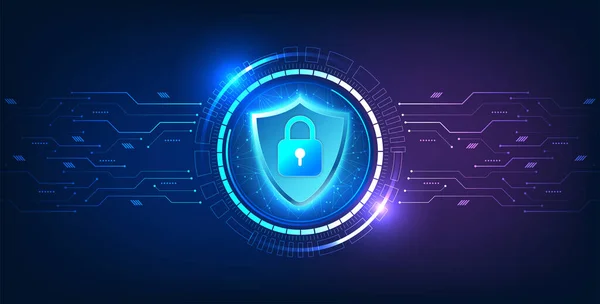Güvenlik teknolojisi, içinde kilit olan bir kalkan, yanında devre kartı olan bir teknoloji çemberi. Siber verilerin sızmasını ya da kaybolmasını engelleyen bir teknoloji..