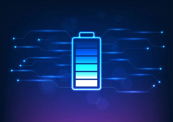 Tecnología Batería Está Conectada Circuito Una Ilustración Vectorial Tonos Azules — Vector de stock