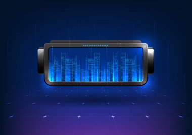 Sanal gerçeklik teknolojisi, arkasında kareli desenler olan akıllı bir şehrin görüntüsünü yansıtan sanal gerçeklik gözlükleri. Sanal bir ortam yaratan teknoloji kavramları da iletişimde kullanılmaktadır