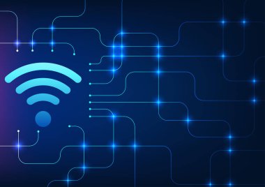 Wifi teknolojisi bağlantı kurmak için elektronik cihazlara internet sinyalleri gönderen bir teknoloji. Bağlantı devre kartı ile bir wifi simgesi ile bir Vektör illüstrasyonudur.