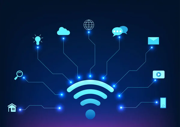 モノのインターネット技術は 相互接続されたデバイスと支援技術の統合されたネットワークを指します 接続情報を示すベクトル技術イラストです — ストックベクタ