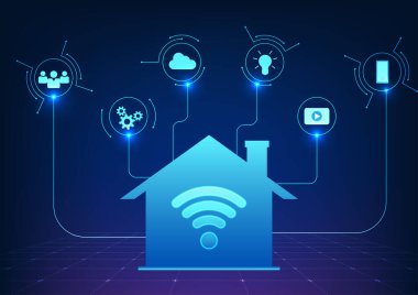 Wi-Fi teknolojisi, iletişim, eğlence ve iş dünyası kullanan cihazlara sinyal vermek için bir kablosuz ağ sinyali kullanıyor. Teknoloji ikonu ile bağlantılı evde Wi-Fi ikonu tarafından vuruluyor.