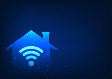Evlerde kullanılan kablosuz ağ teknolojisi eğlence ve iş için elektronik cihazlarda kullanılan şeylerin internetidir. Wi-Fi ikonu evin içinde. Vektör teknolojisi çizimi