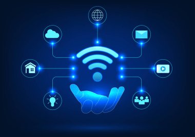 Wi-Fi ile Wi-Fi uyumlu el ile nesnelerin interneti ikon ile kablosuz sinyallerin elektronik cihazlara iletilmesi teknolojisine talimat olarak gönderilir.