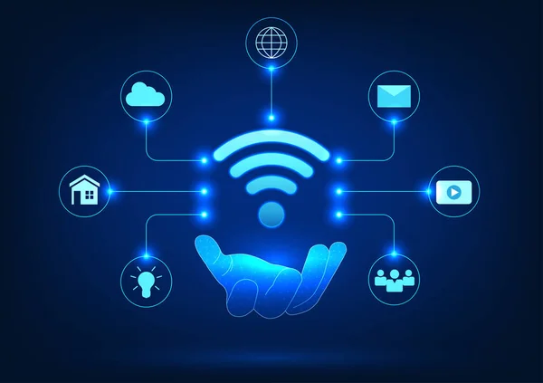 Internet Der Dinge Technologie Mit Kompatibilität Handhalten Wifi Verbindung Mit — Stockvektor
