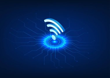 Wi-Fi teknolojisi bağlı teknoloji devresi ile teknoloji çemberine yerleştirildi, Wi-Fi elektronik cihazlara kablosuz sinyal gönderen bir teknolojidir. Bu bir izometrik vektör çizimi..
