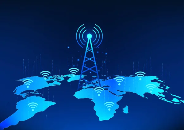 Wifiアイコンでワールドマップ上の送信タワー技術は 人々がインターネットにアクセスしたり アクセスできるようにするための信号伝送の技術を指します — ストックベクタ