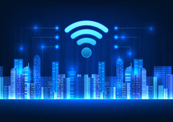 Технология WiFi в смарт-городе с иконкой Wi-Fi в верхней части Относится к технологии интернет-сигнала, который распространяется по всему городу, чтобы позволить людям быстро получить доступ к информации.
