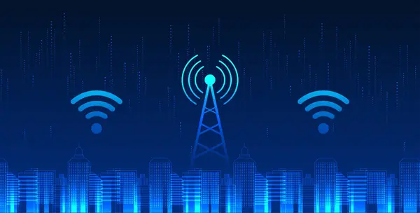 携帯電話技術は Wifiアイコン付きのスマートシティに位置しています 街の人々に情報へのアクセスを提供するためのタワーを備えたスマートな都市コンセプト ビジネスコミュニケーションを円滑に送信する — ストックベクタ