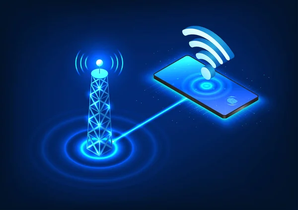 蜂窝塔是向任何地方的移动电话中发出信号以达到通信目的的技术 蜂窝塔将信号传送到带有无线保真 Wifi 符号的移动电话的等距图像 — 图库矢量图片