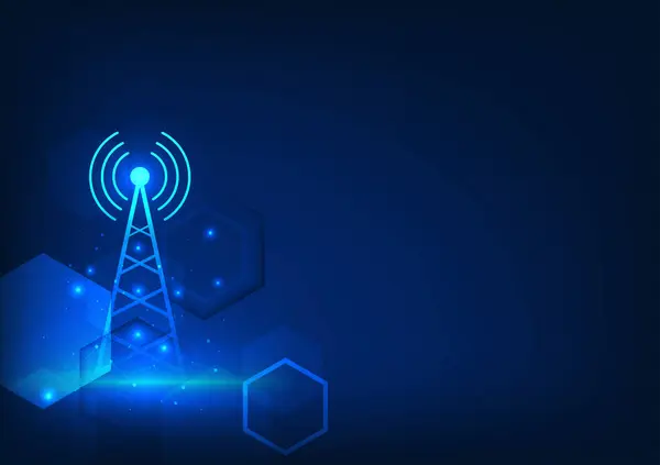 すべての要素を備えた伝送タワー技術 それは 通信とインターネットへのアクセスを可能にする電子デバイスに信号を送信するための技術です — ストックベクタ