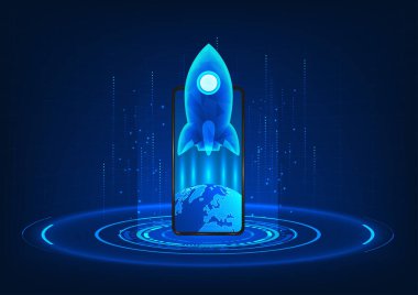 Mobil ekranda dünyanın dört bir yanından yükselen bir rokete sahip akıllı telefon teknolojisi hızla gelişen ve tüm dünyada kullanılan mobil teknolojiye işaret ediyor..