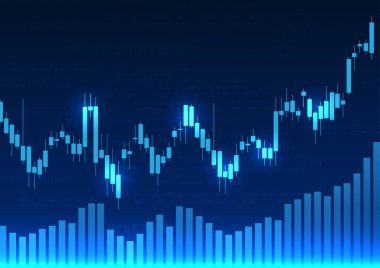 Şirketin büyümesini, kârını ve kaybedişini ölçmek için kullanılan fiyat grafiklerinin olduğu teknoloji arka planı şamdan çizelgeleri ve bar kodlarının arkasındaki koyu mavi vektör resmidir..
