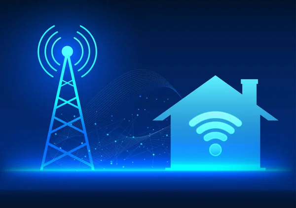トランスミッションタワー技術 それは家庭に信号を送信する技術です インターネットやエンターテイメントに接続し — ストックベクタ