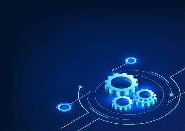 Teknoloji çemberine istiflenmiş dişliler, insanların ve dünya ekonomisinin hızla büyümesine yardımcı olan teknolojinin gelişimini iletiyor. Bu bir vektör çizimi..