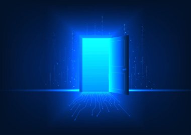 Bilgi ve iletişimi sağlayan teknoloji dünyasına giriş kapısı. Ön kapı, çekici çizgili elementlere sahip bir teknoloji devresi..