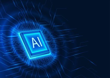 Mikroçiplerle birleştirilmiş yapay zeka teknolojisi bir teknoloji devre kartına bağlı bir mikroçip. Bilgiyi işleyen ve teknolojiyi yöneten bir teknolojiye atıfta bulunuyor..