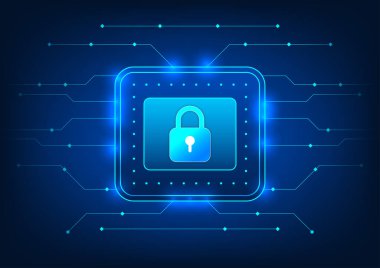 Ekran teknolojisi arka plan ekranı. Ortasında kilit var ve bir devre kartı var. Siber güvenlikli bir sisteme erişimle ilgili. Veri hırsızlığını ve veri hasarını önle