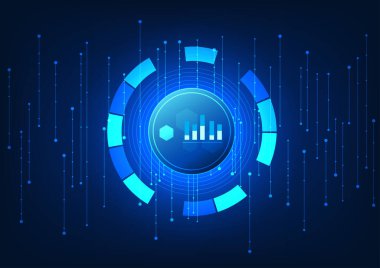 Akıllı teknoloji arka planında bar çizelgesi olarak bir teknoloji çemberi var. Devre kartlarıyla çevriliyken, komut elektronik aygıtlarına komutlara göre çalışacak şekilde bilgi gönderiliyor