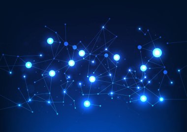 Büyük veri teknolojisi hatları üst üste konmuş ve bir parıltıyla birbirine dolanmış yüksek hızlı bir internet ağı üzerinden güvence altına alınmış bir sisteme büyük miktarda veri aktarımını temsil ediyor.