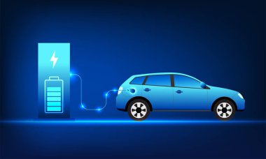 Electric Car technology that charges the vehicle's battery from an electric vehicle charging station. This refers to electric vehicle technology that is powered by clean energy. Reduce global warming clipart