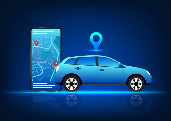 Akıllı telefonlara bağlı araç teknolojisi konumu saptamamıza ve hedefe ulaşmamıza yardımcı oluyor. Üstünde iğne olan bir araba ve ekranda haritası olan bir cep telefonu..