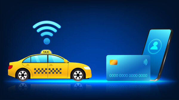 Smartphone technology linked to credit cards can pay taxi drivers via mobile phone. The taxi has a Wi-Fi sign and a mobile phone with a credit card on the front.