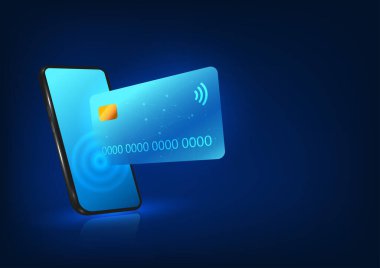 Akıllı telefon teknolojisi. Cep telefonunun üzerinde bir kredi kartı vardı. Güvenli ve kullanışlı cep telefonu ödemelerine olanak sağlayan akıllı telefon teknolojisi.