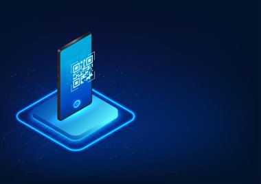 İzometrik görünümde QR ekranlı QR kod cep telefonunu tarayan akıllı telefon teknolojisi, ödemeyi veya veriye telefon taraması yoluyla erişimi gösterir