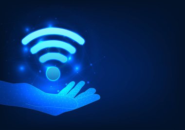 Wi-Fi teknolojisi Hand 'in elinde Wi-Fi ikonu var. Kablosuz internet sinyalleri kullananları gösteriyor. İletişim, bilgi göndermek, bilgisayarlar veya cep telefonları aracılığıyla çalışmak daha elverişlidir.