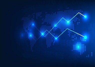 Arkasında stok grafikleriyle birlikte dünya haritası teknolojisi bir sayı kodu. Dünya ekonomisinin sürekli değişen fiyatlarına atıfta bulunuyor..