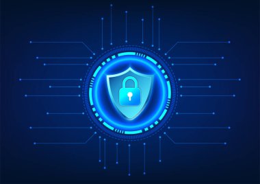 Siber Güvenlik ve Veri Gizliliği teknolojisi, internet ağında kullanılan bir sistem olarak veri hırsızlığını ve veri yıkımını önlüyor. Kilit devre kartıyla birlikte teknoloji çemberinin içinde..