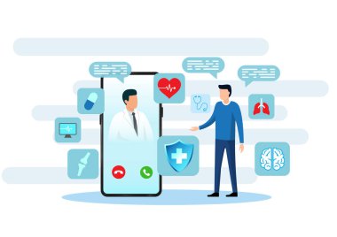 Sağlık teknolojisi hastalarının akıllı telefonlardan doktorlarla yaptığı video görüntüsü, insanların hızlı bir şekilde tedavi görebilmeleri için tıbbi tedaviyle birleşen teknolojiye işaret ediyor..