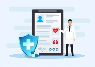 Sağlık teknolojisi, arkasında tedaviyi açıklayan doktor ilaçlarla birlikte bir bilgi kağıdı var. Hastalığı hızla teşhis eden ve hastaların semptomlarını tedavi eden doktorlara gönderme yapar..