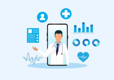Sağlık teknolojisi, doktor mobil ekranda ilginç unsurlarla konuşuyor. Hastaların hastaneye girmeden önce temel tedavi görmesi için modern tıbbi teknolojiyi iletiyor..