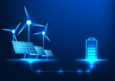 Battery technology that uses clean, natural energy to charge the environment does not harm the environment. With windmill and solar cells connected to batteries as backup power. clipart