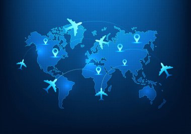 Ulaşım ve lojistik iş teknolojisi uçakları dünya haritasında malları teslim etmek için yer alıyor. Ulaşım sistemini yönetmek için teknoloji ve yapay zeka kullanarak..