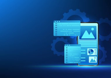 Yazılım geliştirme teknolojisi Smartphone ekranı, kod komut bilgisini gösteren bir ekran, cep telefonuna komutları çalıştırmak için kod komutu olan bir yazılıma karşılık gelir.