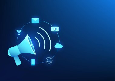 E-ticaret teknolojisi. Sosyal simgelere sahip büyük megafon. Ürün markalarının tanınması ve satışların arttırılması için pazarlamanın genişletilmesi anlamına geliyor..