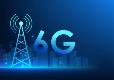 Telekomünikasyon Teknolojisi, Sinyal Kulesi 6G sinyalli, gelişmiş iletişim ağlarının şehirler arasında daha hızlı sinyaller yaymak için geliştirildiğini gösteren bir Akıllı Şehir..