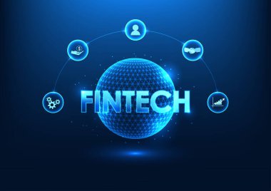 Fintech teknolojisi Fintech finans ikonlarıyla teknoloji çemberinin içinde. Teknolojiyi benimseyen finans kurumlarını gösterir. Yapay zeka kullanımı da dahil.