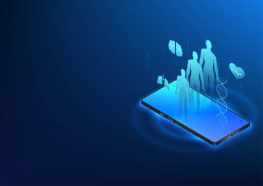Sağlık teknolojisi. Akıllı telefon ekranında organlarıyla birlikte bir kişinin hologramı var. Bu, doktorların semptomları ve hastaların tedavi görmesini sağlar..