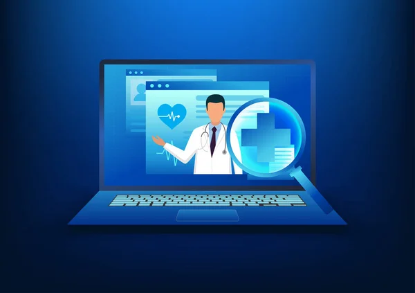 Sağlık teknolojisi. Bilgisayar ekranı önünde büyüteç olan bir doktorun resmini gösteriyor. Teletıp, bir dizüstü bilgisayarla, hasta hastaların birincil tedavisidir..