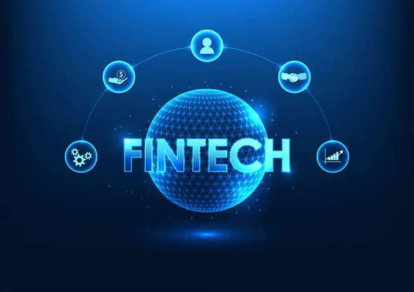 Fintech teknolojisi Fintech finans ikonlarıyla teknoloji çemberinin içinde. Teknolojiyi benimseyen finans kurumlarını gösterir. Yapay zeka kullanımı da dahil.