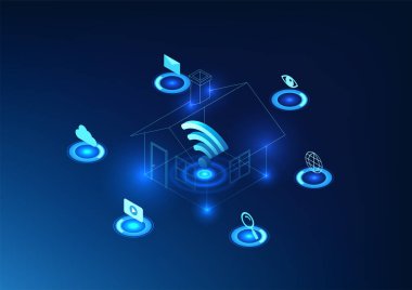 Nesnelerin İnterneti teknolojisi Wi-Fi sembolü evde. Elektronik aygıtların internet ve bulut sistemine olan ağ bağlantısına gönderme yapar. Vektör arkaplan resmi