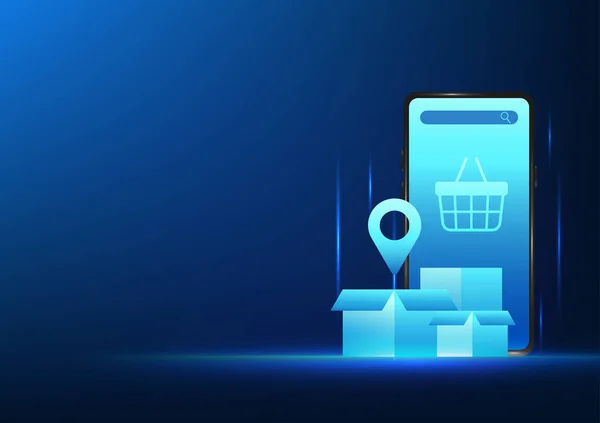 Elektronik ticaret teknolojisi cep telefonu ekranında bir sepet ve kutu ile çevrimiçi bir mağaza açma işini gösteriyor. Müşteriler uygulama üzerinden ürünleri sipariş etsin ve ürünleri teslim etsinler..