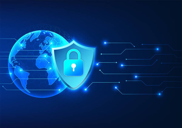 Безопасность и технология конфиденциальности данных. Внутренний щит заблокирован. На обороте земной шар с цепью, показывающей защиту от кибер-кражи данных через интернет-сигналы.