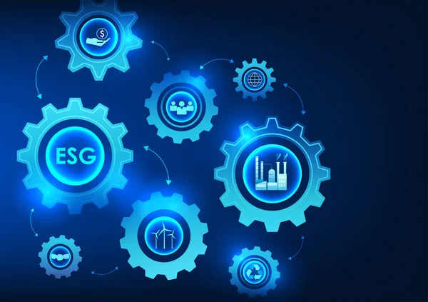 ESG teknolojisi ve vitesin içindeki ikonlar çevreye, topluma ve iyi yönetime yatırım yapma güdüsünü gösteriyor. Bu sürdürülebilir bir yatırım..